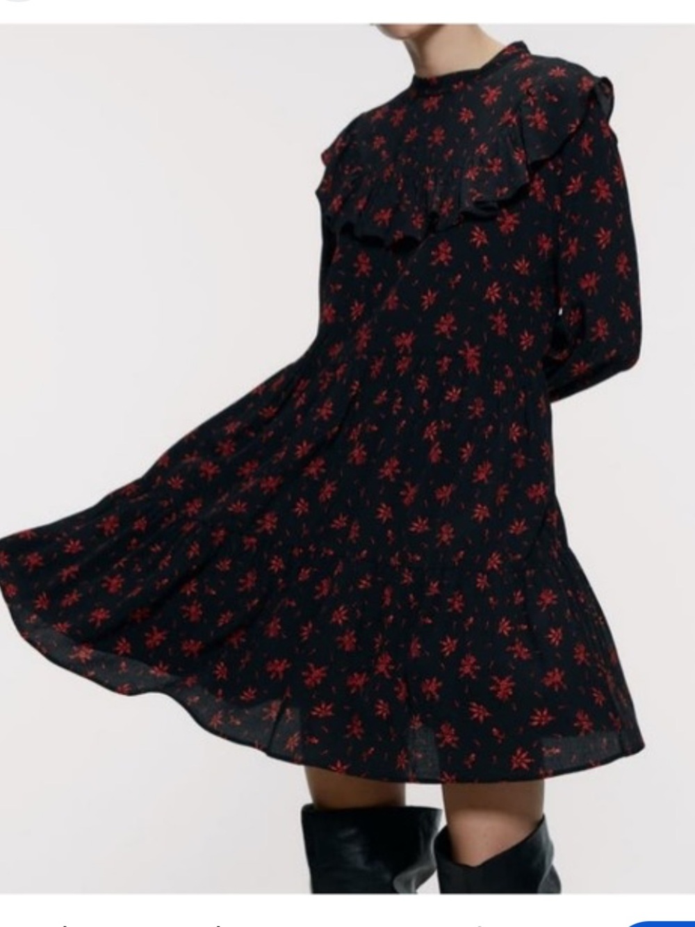 Zara black mini prairie dress with red floral print XS